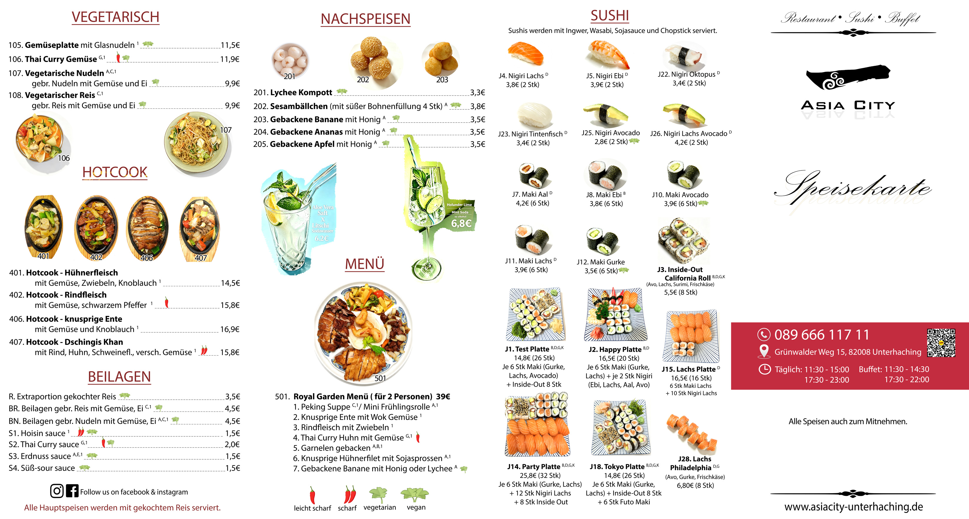 Speisekarte Seite 1: Vegetarisch, Hotcook, Nachspeisen und Sushi