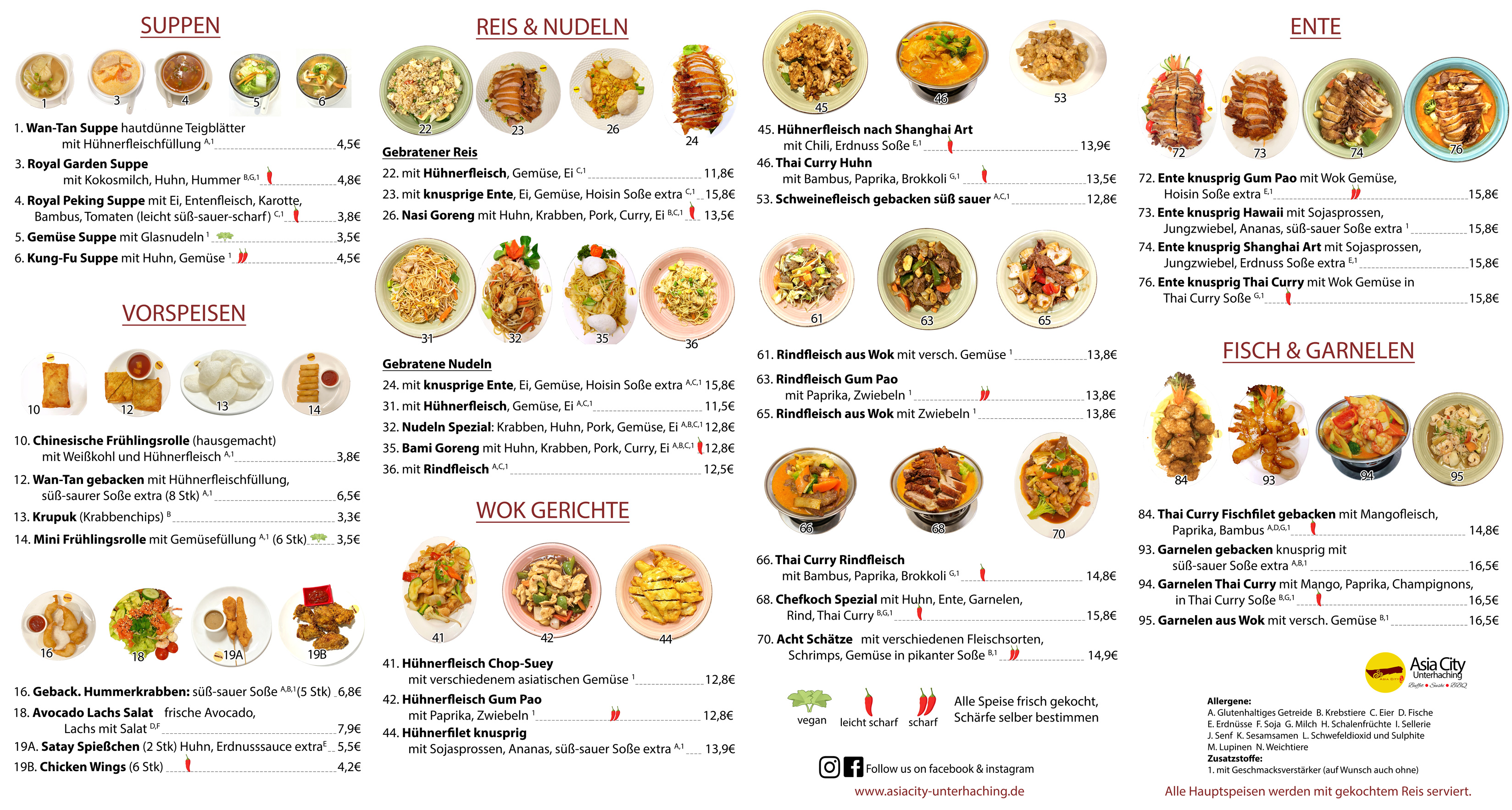 Speisekarte Seite 2: Suppen, Vorspeisen, Reis, Nudeln, Wok-Gerichte, Ente sowie Fisch und Garnelen